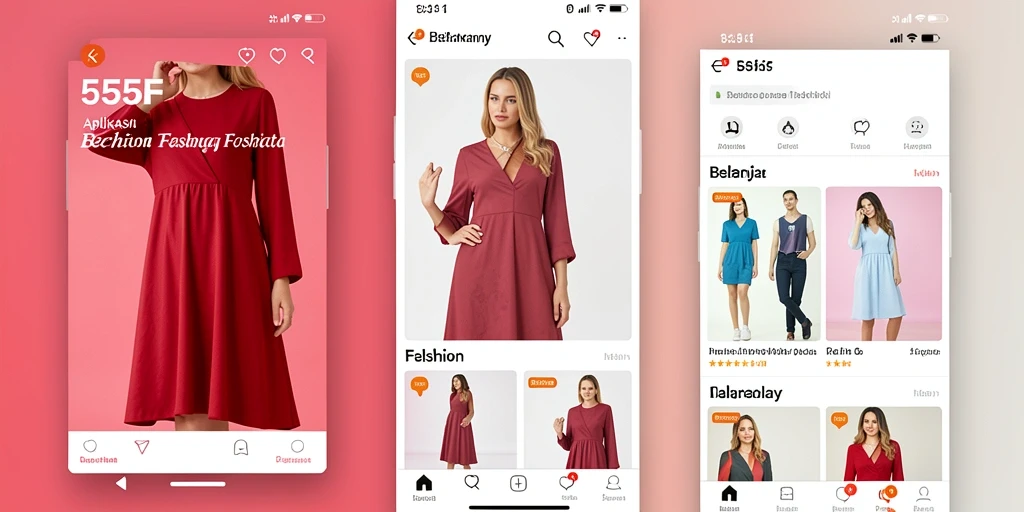 Antarmuka aplikasi 555F yang menarik untuk belanja fashion.